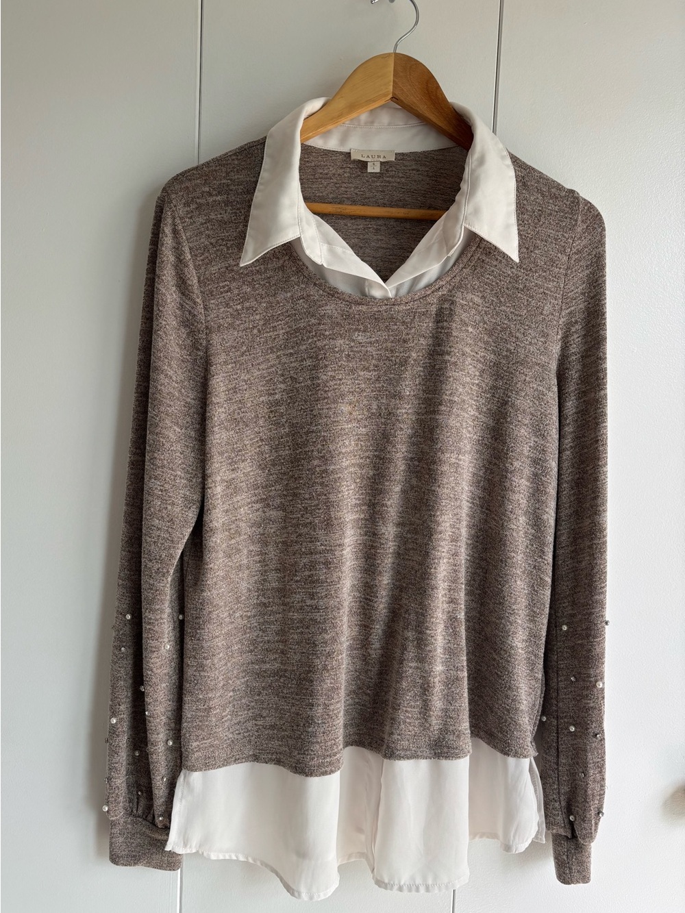 Laura Layered Taupe Knit Sweater Blouse with White Collar